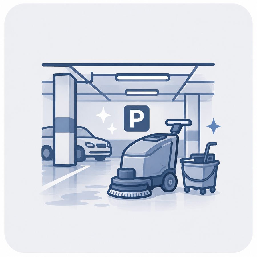 Illustration Tiefgaragenreinigung: Scheuersaugmaschine in Parkgarage